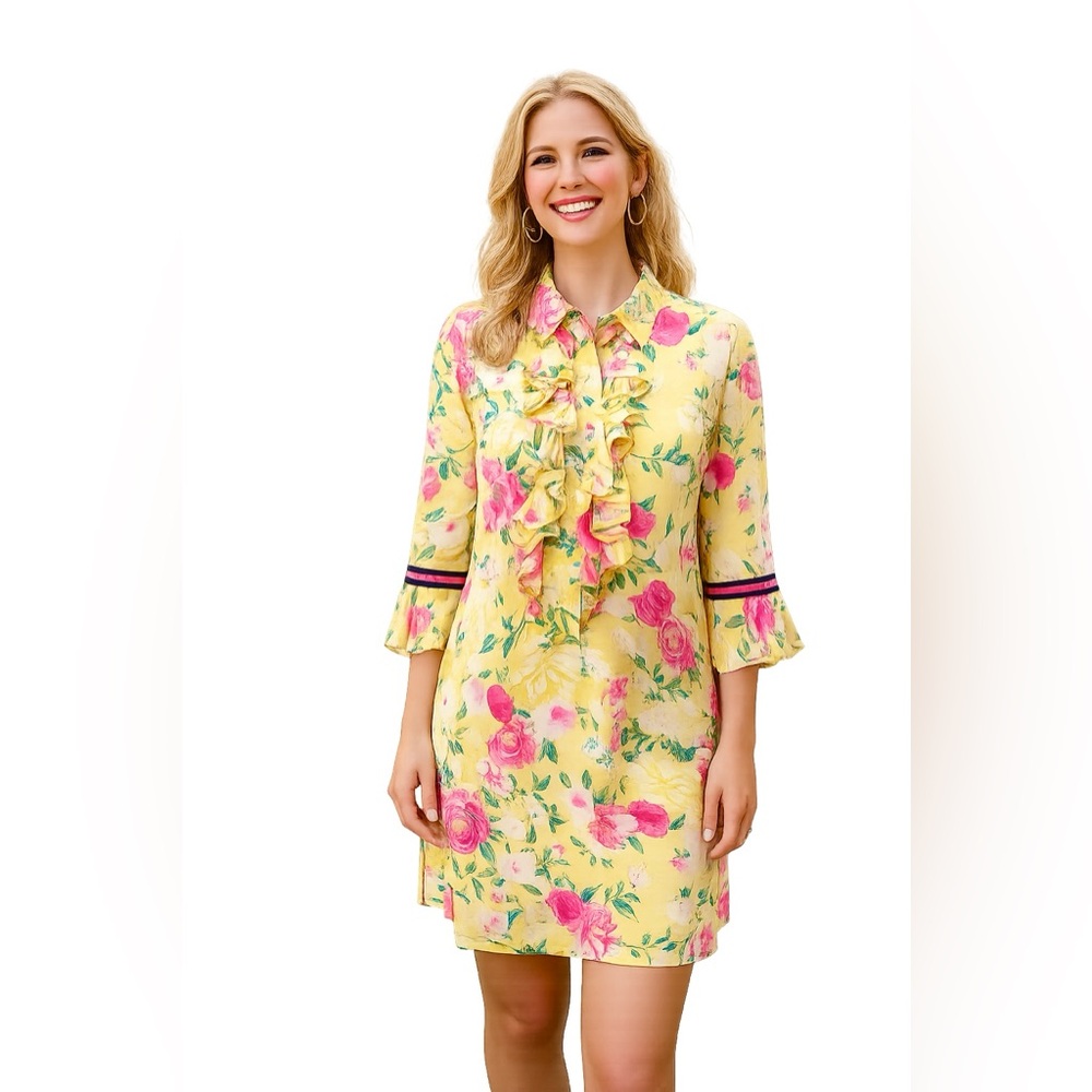 Floral Silk Dress sz 8 Ruffle Long Sleeve Yellow party garden Made in Italy